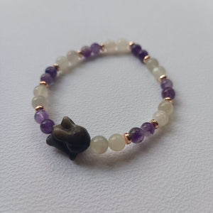 Réservé - Bracelet Lapinou – Obsidienne Argentée, Améthyste & Pierre de Lune Blanche (6 mm) – 18/19 cm | Intuition & Tendresse - Cybele Pierres