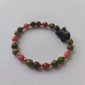 Réservé - Bracelet Lapinou – Obsidienne Argentée, Thulite & Unakite (6 mm) – 18 cm | Émotions & Confiance en soi - Cybele Pierres
