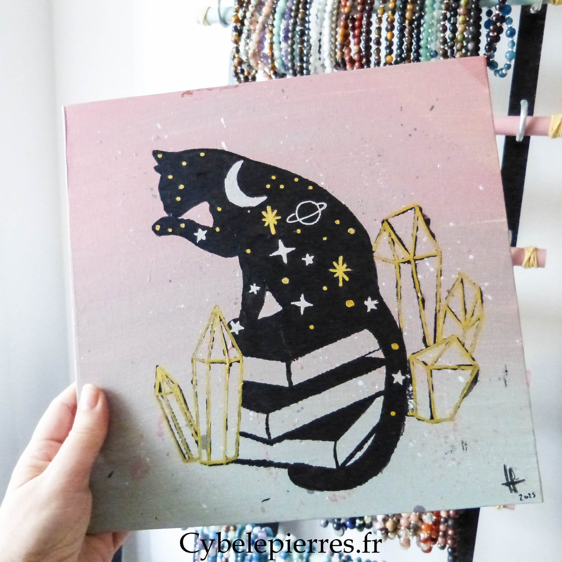 Tableau Chat Cosmique – Acrylique & Feutre sur Toile Coton (25×25 cm) - Cybele Pierres