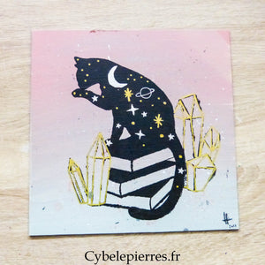 Tableau Chat Cosmique – Acrylique & Feutre sur Toile Coton (25×25 cm) - Cybele Pierres