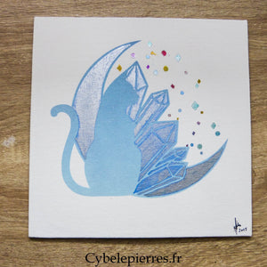 Tableau Chat Cristal Bleu – Infusible Ink & Feutre sur Toile Coton (25×25 cm) - Cybele Pierres