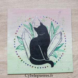Tableau Chat & Cristaux – Peinture, Feutre et Foil sur Toile Coton (25×25 cm) - Cybele Pierres