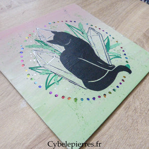 Tableau Chat & Cristaux – Peinture, Feutre et Foil sur Toile Coton (25×25 cm) - Cybele Pierres