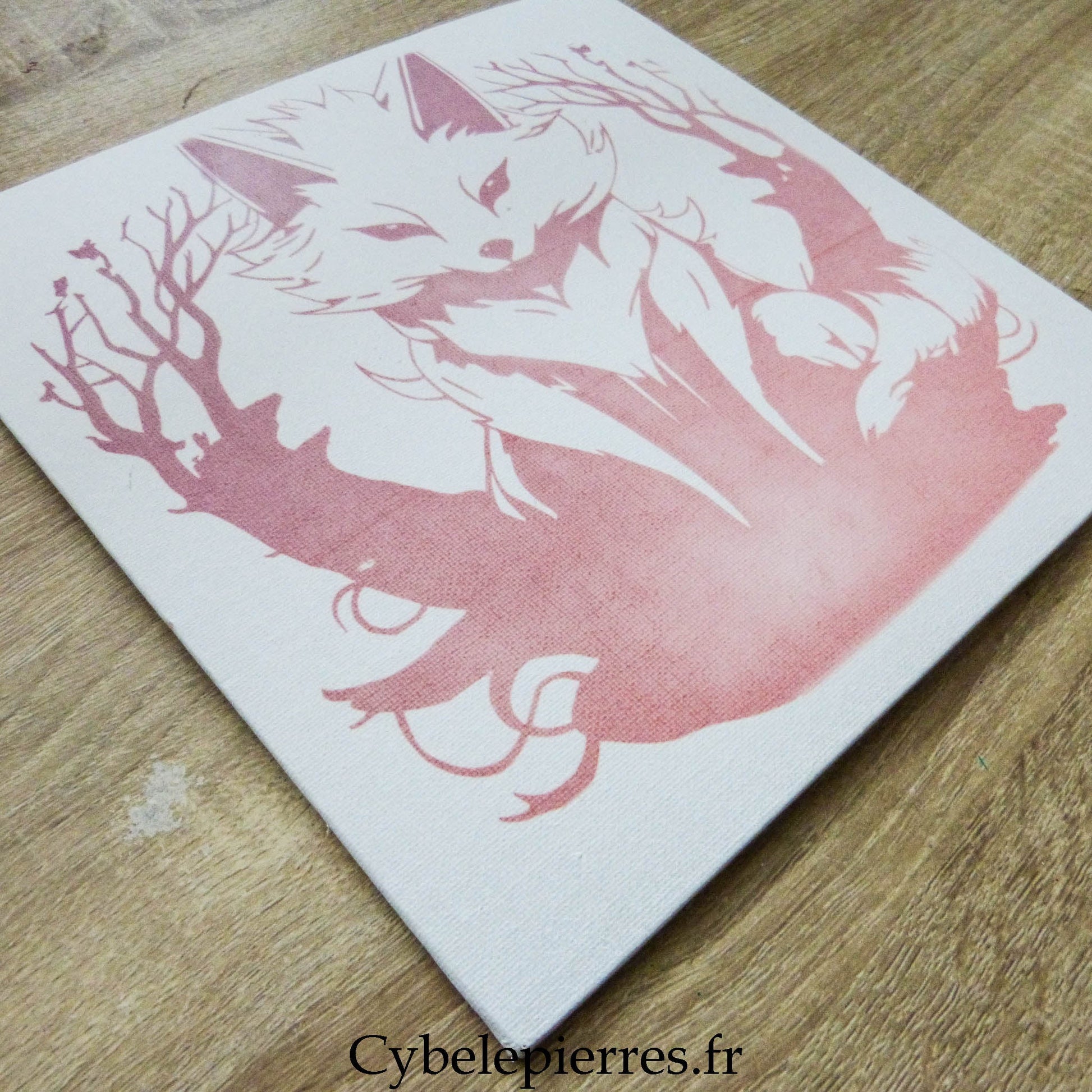 Tableau Renard Esprit – Infusible Ink sur Toile Coton (25×25 cm) - Cybele Pierres