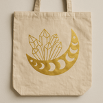 Tote - bag Lune et Cristaux dorés - Cybelepierres | Écologique et réutilisable - Cybele Pierres