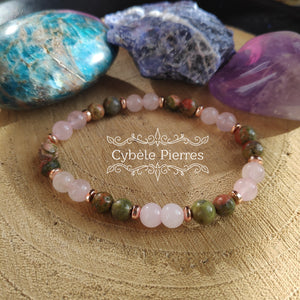 Bracelet Moment présent - Quartz rose & Unakite (6mm) - 18cm