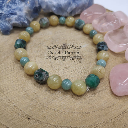 Bracelet Cancùn - Héliodore, Jade vert de Chine et Emeraude (6 et 8mm) - 17.5cm
