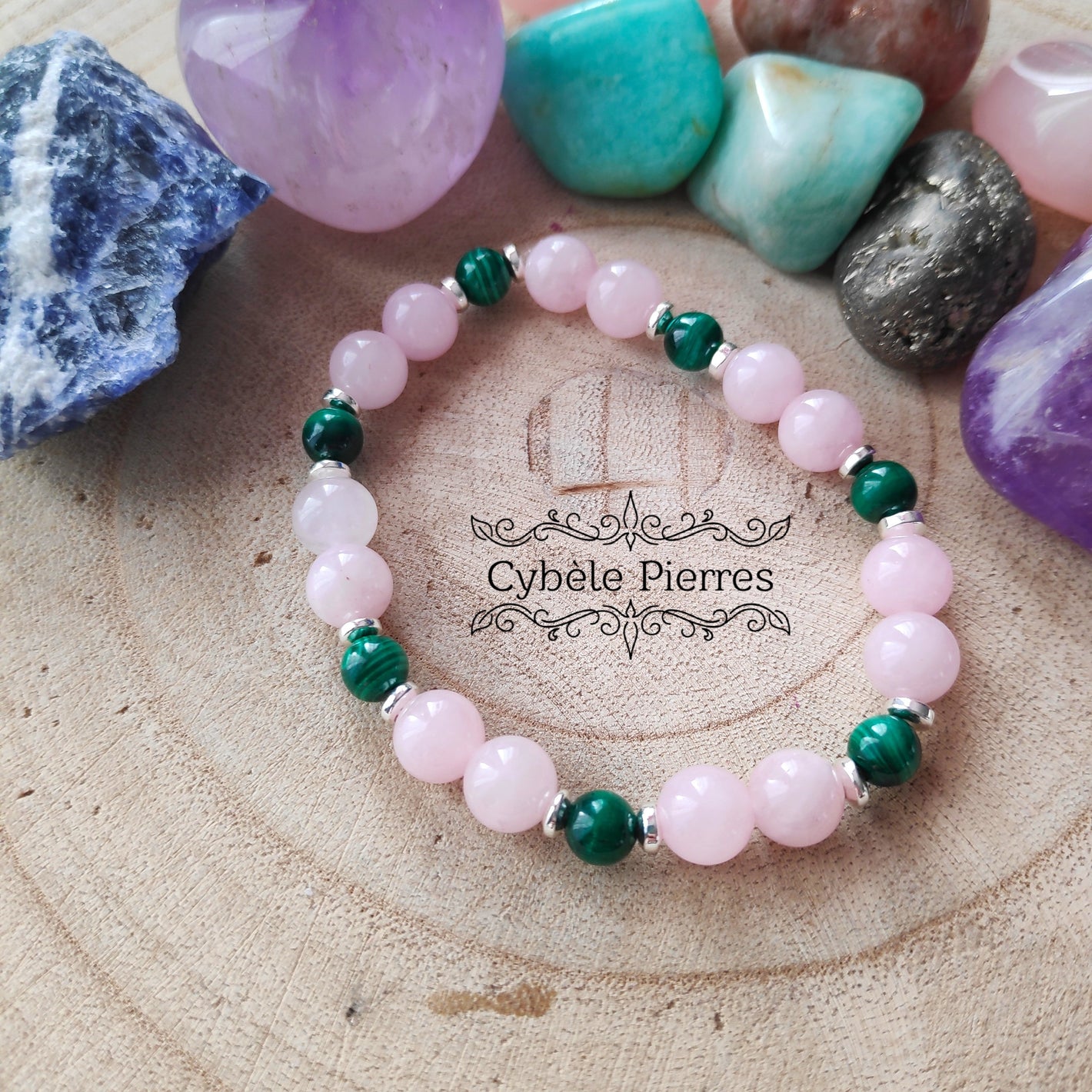 Bracelet Flot continu- Quartz rose et Malachite (6 et 8mm) - 19cm