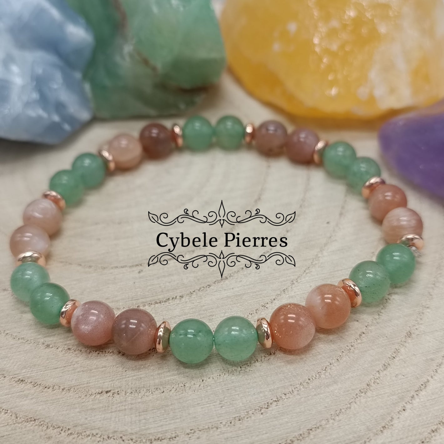 Bracelet Instinctif- Aventurine verte et Pierre de Soleil (6mm ) - 17cm