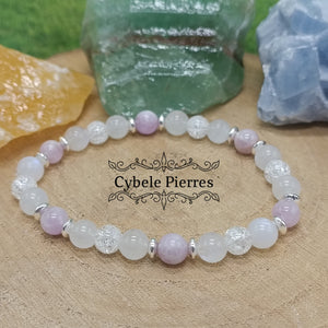 Bracelet Miracle- Cristal de roche craquelé, Péristérite et Kunzite (6mm) - 17cm