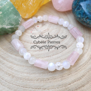 Bracelet Emotions Paix Intérieure - Labradorite blanche, Quartz rose et Cristal de roche craquelé - 17cm