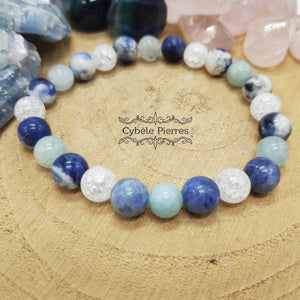 Bracelet Maritime - Cristal de roche craquelé, Aigue-marine et Sodalite (8mm) - 18cm