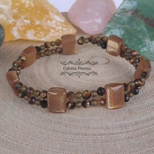 Bracelet Double  - Oeil de tigre et Pierre de Soleil (6 et 3mm) - 18cm