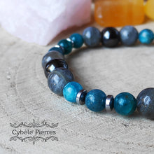 Charger l&#39;image dans la galerie, Bracelet Communication et Volonté - Apatite bleue, Hématite et Labradorite (6 et 8mm) - 18cm