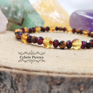 Bracelet Force Protection - Oeil de Tigre, Ambre et Grenat (3 et 6mm) - 18cm