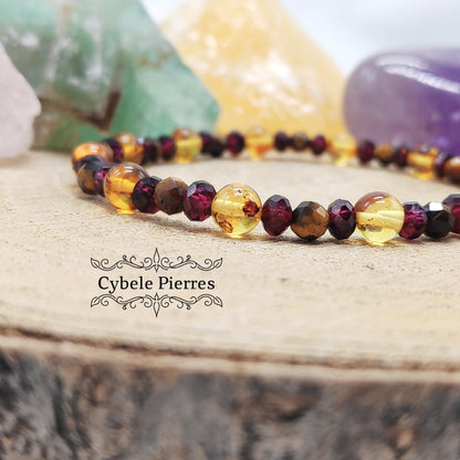 Bracelet Force Protection - Oeil de Tigre, Ambre et Grenat (3 et 6mm) - 18cm
