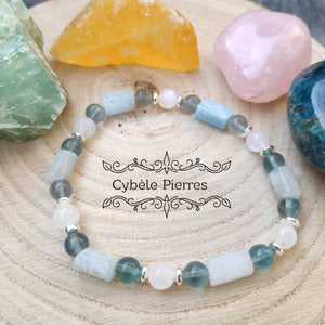 Bracelet Possibilité : Péristérite, Aigue-marine et Fluorite bleue (6mm) - 19cm