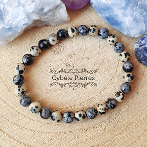 Bracelet Aboutissement - Jaspe dalmatien et Obsidienne flocons de neige (6mm) - 17cm [🔥Dernier exemplaire!]