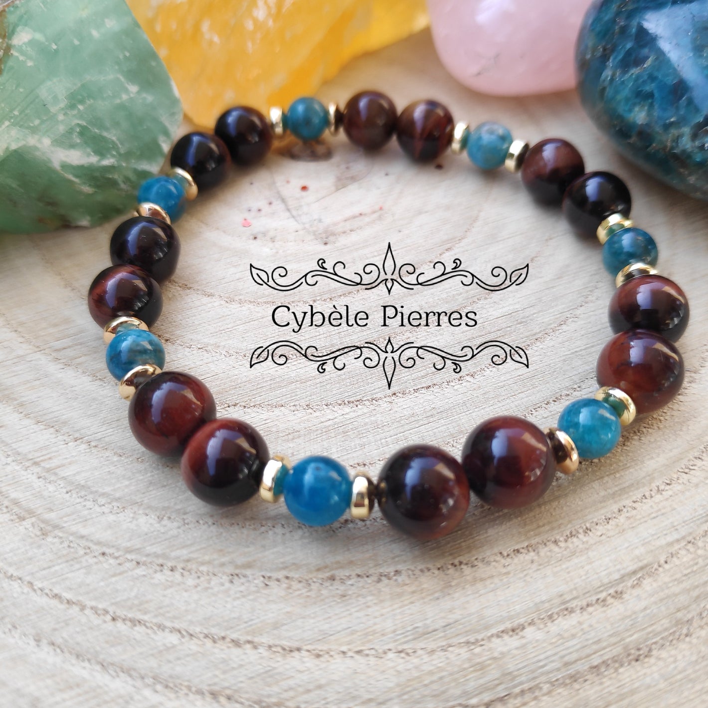 Bracelet terre à terre.  Apatite bleue et Oeil de taureau -  (6mm et 8mm) - 18 cm [🔥Dernier exemplaire!]