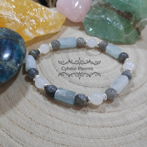 Bracelet Vénus : Péristérite, Aigue-marine et Labradorite (8 et 6mm) - 17cm