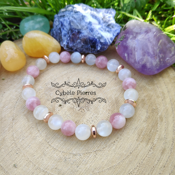 Bracelet Cérès- Quartz rose & Pierre de lune blanche (8mm) - 19cm