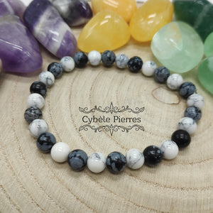 Bracelet Accomplissement - Howlite et Obsidienne flocons de neige (6mm) - 18cm [🔥Dernier exemplaire!]