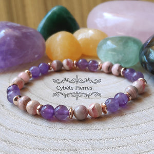 Bracelet Equilibre et Energie - Rhodochrosite et Améthyste (6mm) - 18cm