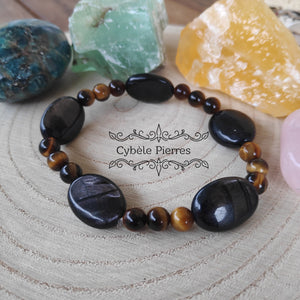 Bracelet Svarog- Hyperstène et Oeil de tigre (6 et 12mm) - 17cm