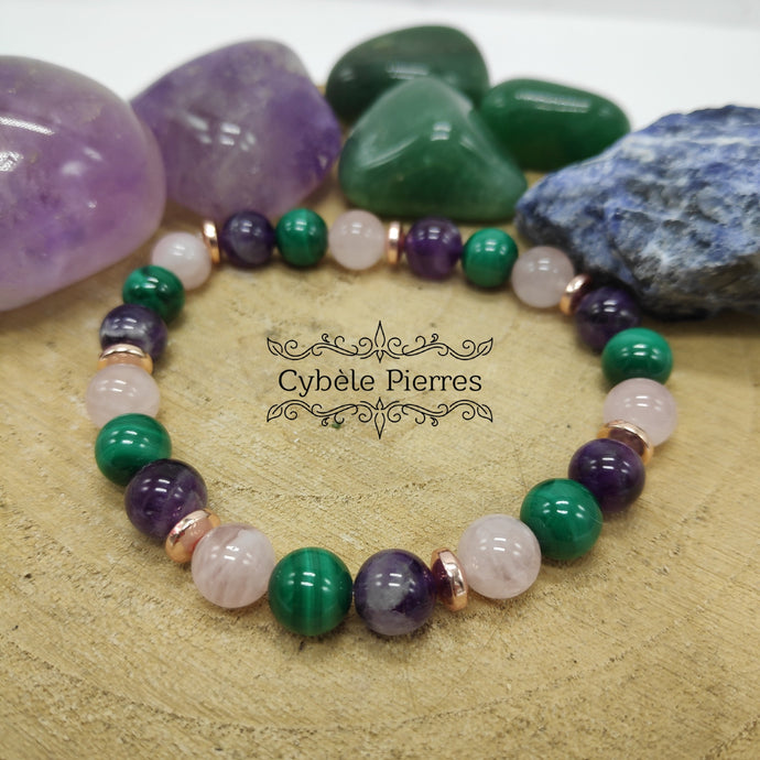 Bracelet Emotions et Décision- Améthyste, Quartz rose et Malachite (8mm)- 19cm