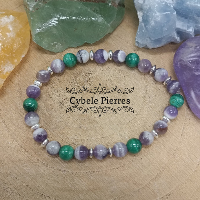 Bracelet Sentiment - Améthyste rubanée et Malachite (6mm) - 17cm