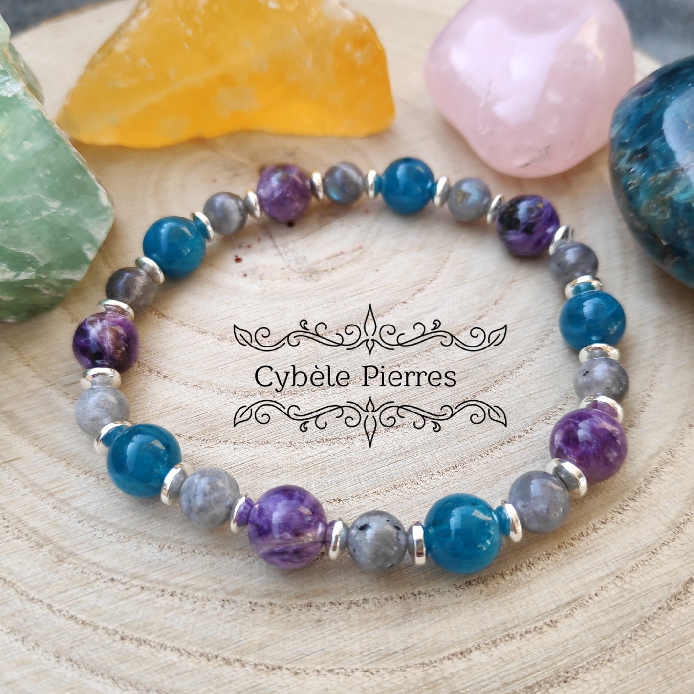 Bracelet Aura - Apatite bleue, Charoïte et Labradorite (6 et 8mm) - 18cm