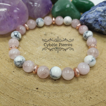 Bracelet Amour - Quartz rose et Howlite (8mm) - 17cm