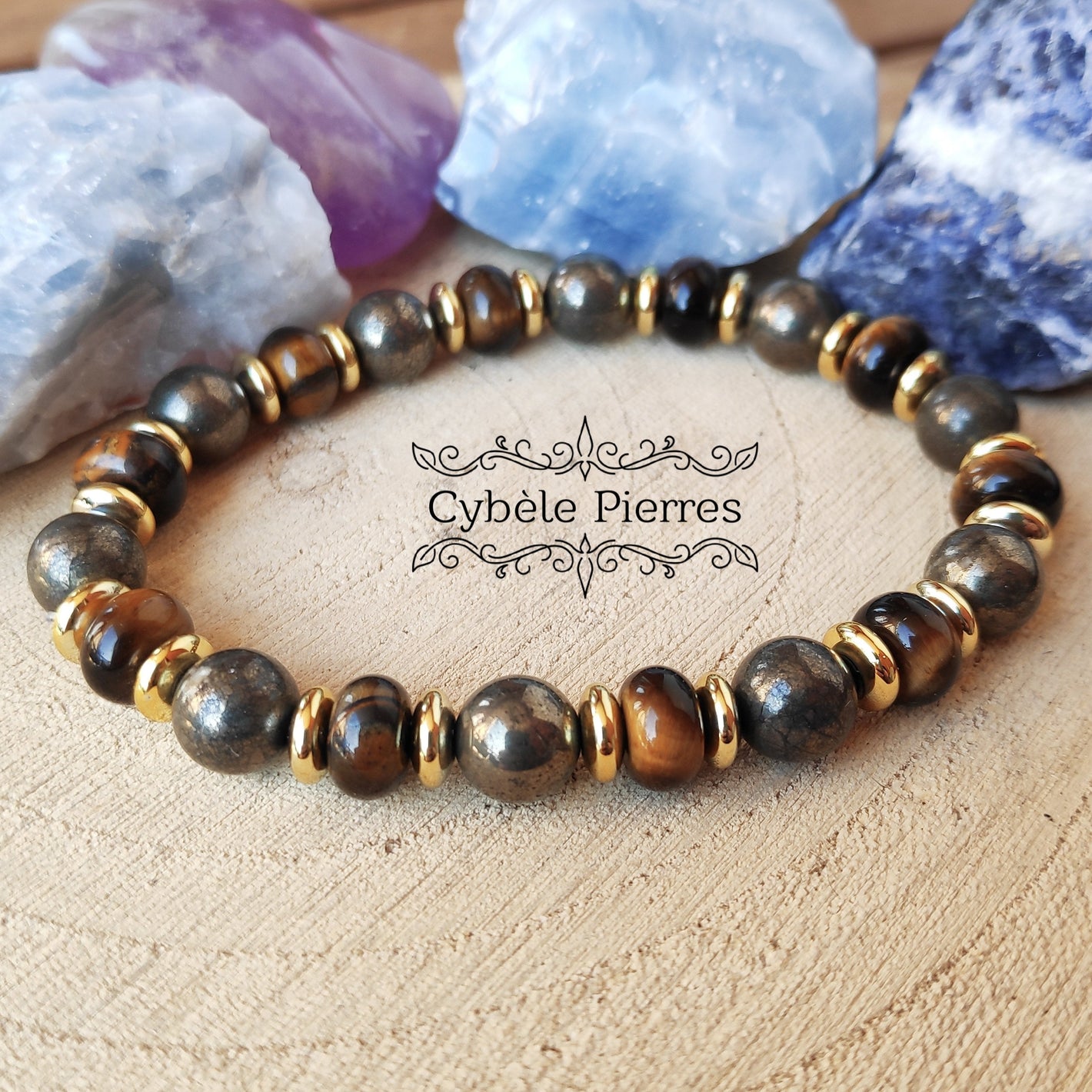 Bracelet Prospérité - Pyrite & Oeil de tigre (8mm et 4mm) - 17cm