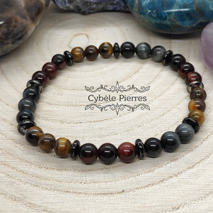 Bracelet Triple protection - Oeil de faucon, oeil de tigre et oeil de taureau (6mm) - 19cm