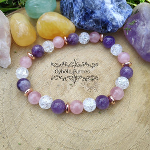 Bracelet Imagination -Quartz rose, Cristal de roche craquelé et Améthyste (8mm) - 18cm