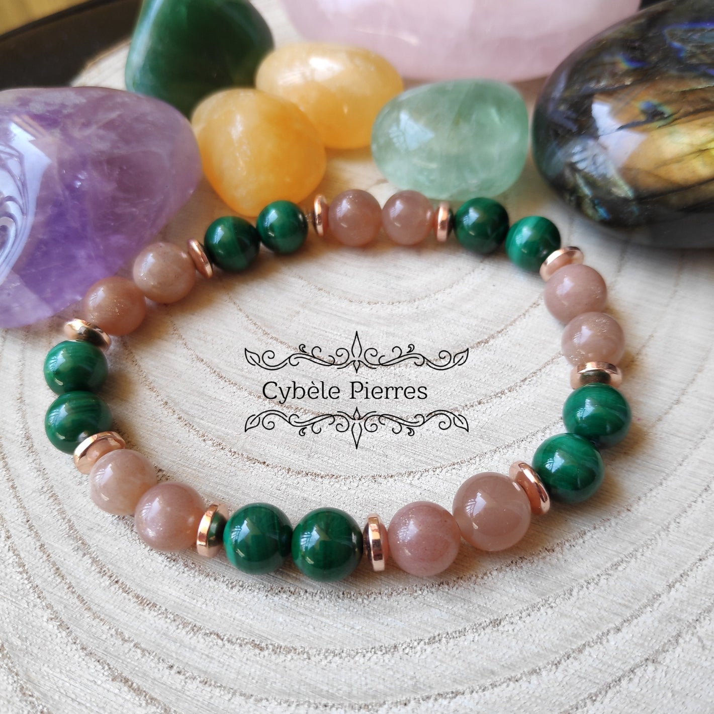 Bracelet Sagesse et passion - Malachite et Pierre de Lune Pêche (8mm) - 18cm