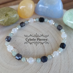 Bracelet Espoir et Relations- Iolite (Cordiérite), Jade verte et Péristérite (Labradorite blanche) - (3mm et 6mm) - 18cm