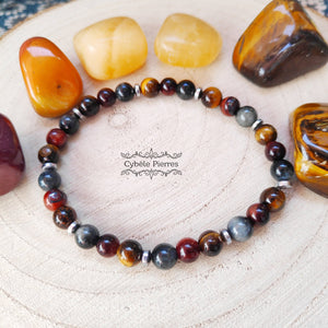 Bracelet Triple Protection – Œil de Faucon, Œil de Tigre & Œil de Taureau (6 mm) - 17 cm | Force et Stabilité