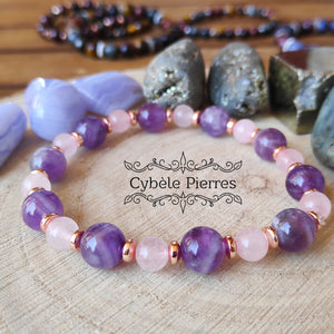 Bracelet Tendresse - Quartz rose et Améthyste (6 et 8mm) - 17cm