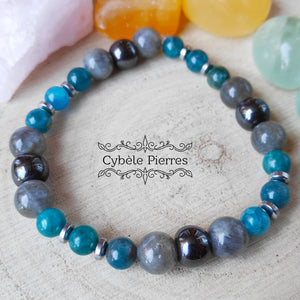 Bracelet Communication et Volonté - Apatite bleue, Hématite et Labradorite (6 et 8mm) - 18cm