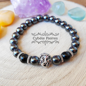 Bracelet Lion - Hématite & Obsidienne argentée (8mm) - 18cm