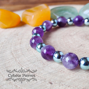 Bracelet Détente - Améthyste et Hématite teintée bleue (8mm et 6mm) - 18cm