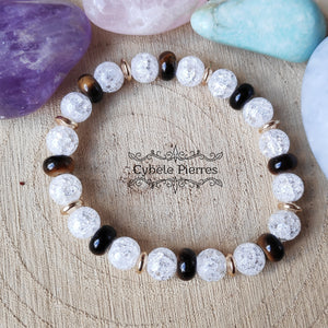 Bracelet Cristal de roche craquelé et Oeil de tigre (8mm) - 18cm