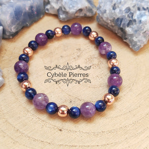 Bracelet Persévérance : Cyanite et Améthyste (6mm et 8mm) - 17cm