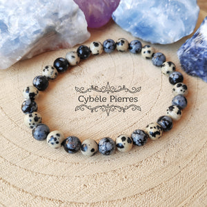 Bracelet Aboutissement - Jaspe dalmatien et Obsidienne flocons de neige (6mm) - 17cm [🔥Dernier exemplaire!]
