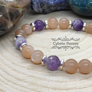 Bracelet Sérénité et Créativité- Améthyste et Pierre de Lune pêche (8mm) - 18cm
