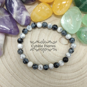 Bracelet Accomplissement - Howlite et Obsidienne flocons de neige (6mm) - 18cm [🔥Dernier exemplaire!]
