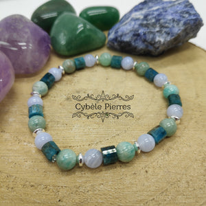 Bracelet Océan:  Apatite, Amazonite et Calcédoine bleue (6mm) - 17cm