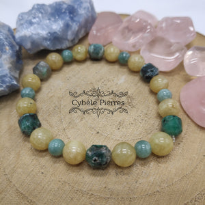 Bracelet Cancùn - Héliodore, Jade vert de Chine et Emeraude (6 et 8mm) - 17.5cm