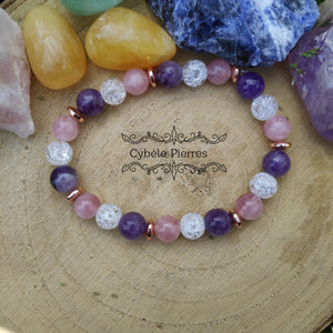 Bracelet Imagination -Quartz rose, Cristal de roche craquelé et Améthyste (8mm) - 18cm